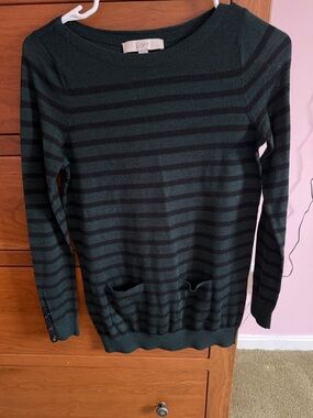 LOFT Dark Green and Black Striped Scoop-Neck Sweater